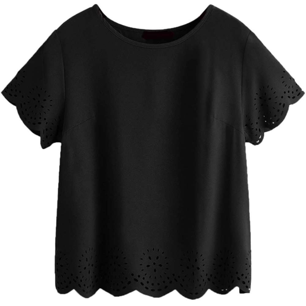 Black Scalloped Short Sleeve Laser-Cut Blouse